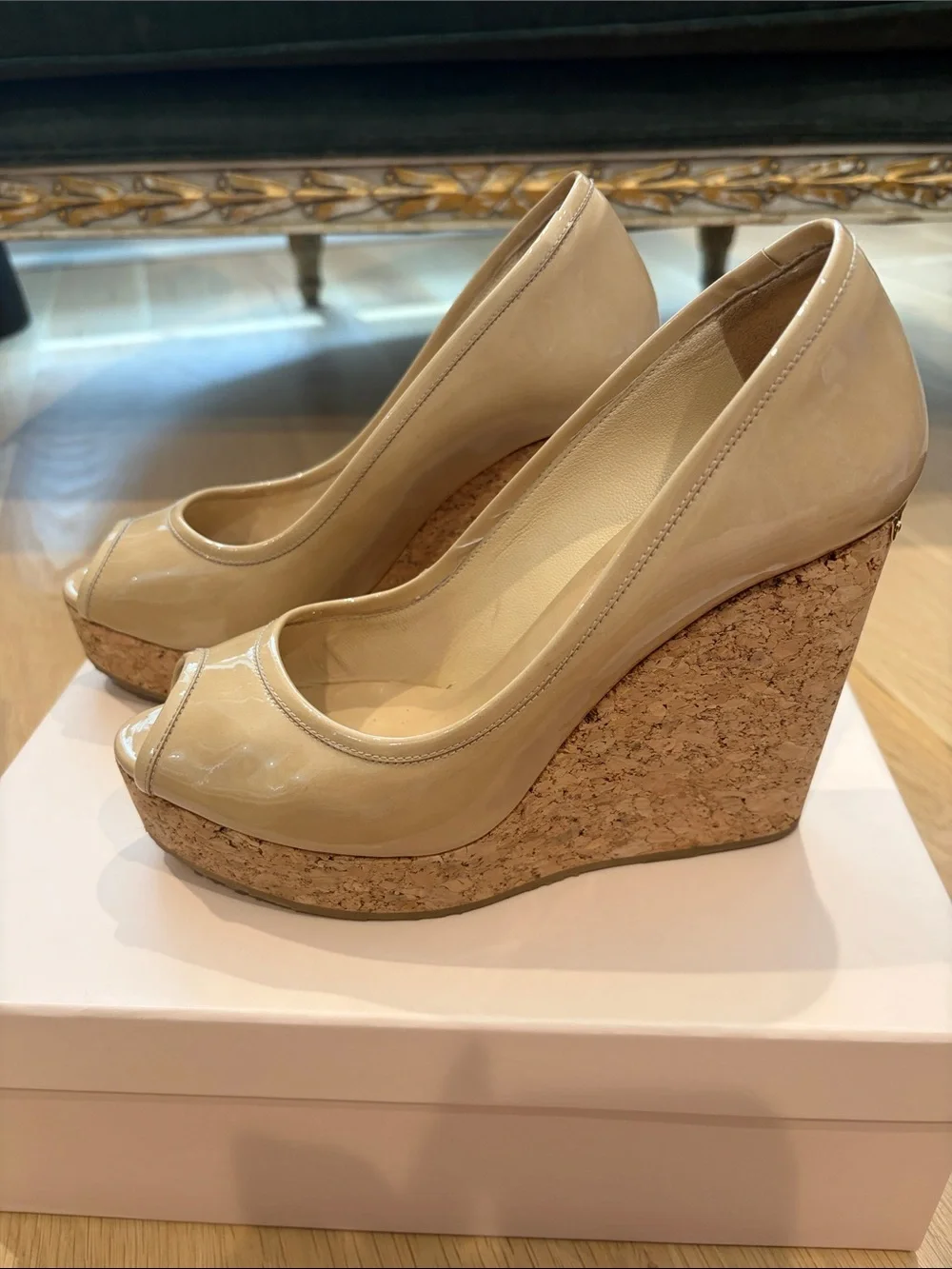 Jimmy Choo Nude Patent Peep-Toe Cork Platform Pumps